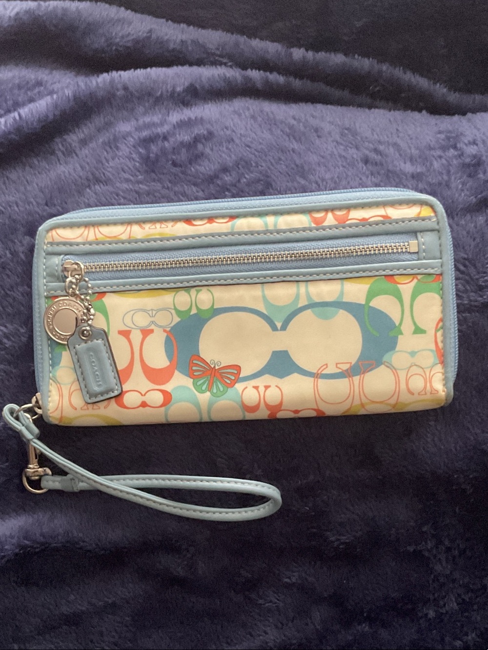 Coach Pastel Logo Wristlet Wallet with Light Blue Trim